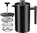 KICHLY (1L / 1000 ml 32 oz) 8 tazas Cafetera Francesa Doble Pared - espresso y tetera Acero inoxidable (negro)
