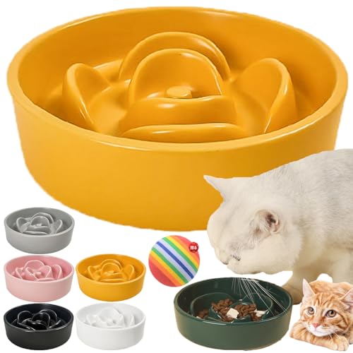 早食い防止 犬 食器 陶器 ペットボウル 小型犬 スローフードボウル 猫 小さめ 滑り止め 餌入れ 吐き戻し 飲み込み ダイエット お手入れ簡単 健康管理 清掃容易 食洗機対応 電子レンジ対応 (S,イエロー)