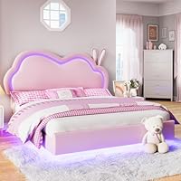 Jocisland LED Full Bed Frame for Girls Upholstered Floating Bed with Cute Cloud Headboard, No Box Spring Needed, Leather, Pink