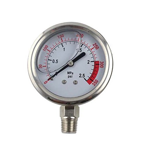 YZM Stainless Steel 304 Single Scale Liquid Filled Pressure Gauge with Brass Internals, 2-1 2  Dial Display, -1.5% Accuracy, 1 4  NPT Bottom Mount,Water Pressure Gauge. (0-350 psi)
