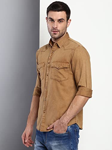 Image of Dennis Lingo Men's Solid Slim Fit Cotton Casual Shirt with Spread Collar & Full Sleeves