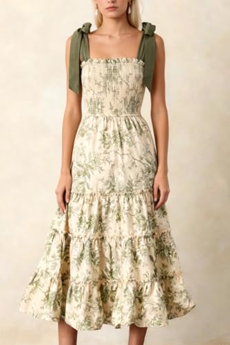 Image of Women Y2k Floral Smocked Maxi Dress Bow Tie Shoulder Tiered Ruffle Midi Sun Dress Boho Casual Beach Long Dresses