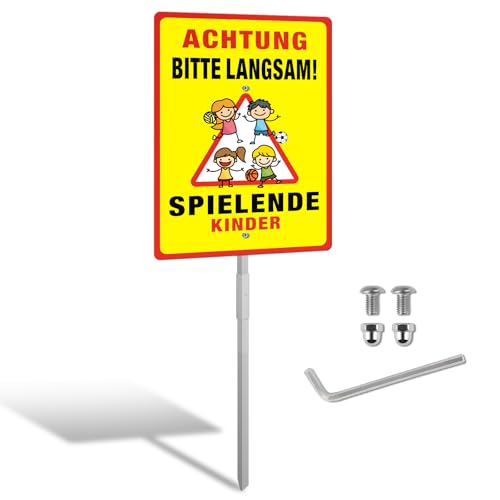 SINMAO Aluminium Achtung Spielende Kinder Schild XXL 35x25cm mit Pfosten Reflektierend Vorsicht Kinder Schild Metall
