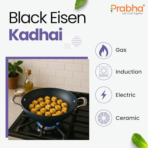 Image of Prabha Induction Base Kadhai 2.4 Litre | Non Stick Black Eisen Cast Iron IB Kadai 24 cm | Cooking Kadai for Deep Frying | Gas & Induction Bottom | Cookware kadai with Steel Handle (Black)