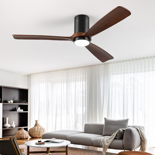 Maxslak 52 Inch Low Profile Ceiling Fan with Lights and Remote Control, Real Wood Ceiling Fan with 3 Reversible Blades,2 Mounting Way