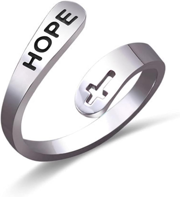 Caiyao Stainless Steel Christian Cross Engraved Love Faith Hope Blessed Ring Polished Opening Adjustable Letter Religious Ring for Women Men Birthday Jewelry Gift