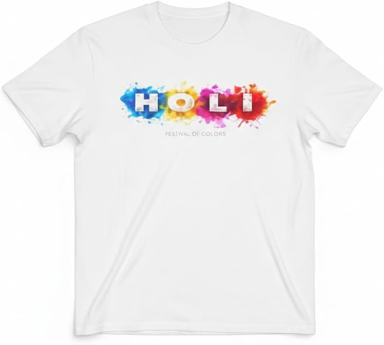 Colourful Holi Splash Printed T-Shirt, Soft & Breathable Dry-Fit Holi Tee | Half Sleeve Round Neck White Top | Stylish Unisex Festive Wear for Men & Women, Large (L- Size)