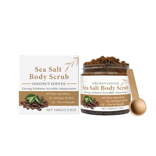 Exfoliante corporal natural de coco, café y sal marina - Exfolia e hidrata, apto para todo tipo de piel, con ingredientes 100% vegetales, limpia y suaviza en profundidad, 100 g