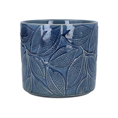Gisela Graham Blue Stoneware Plant Pot Cover, Navy Leaves, 17Cm X 15Cm, Glazed