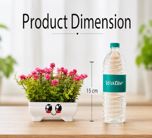Image of Artificial Plants With Cute Smiley Face Pots Set Of 3 , Faux Green Grass & Pink Flower Pot , Decorative Mini Potted Plants For Home Decor, Office Desk, Living Room, Bedroom, Balcony & Study Table