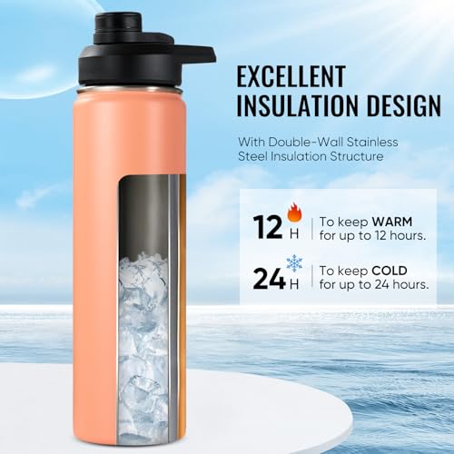 Image of Fijinhom Insulated Water Bottle with Handle, 304 Stainless Steel Water Bottles with Wide Mouth, Double Wall Vacuum Sports Water Bottle, BPA Free, Keep Cold and Hot, 24 Ounces, Coral