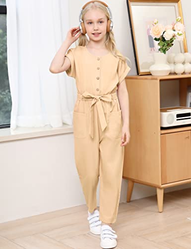 Kukume Girls Romper Button Down High Waist With Belt Solid Long Pant Jumpsuit With Both Side Pockets 9-10 Years Khaki #TOP1