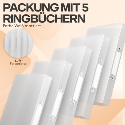 ACROPAQ - 5 x Ringbuch A4 - Mit 2 Ringen, Mit Rückenetiketten, Rückenbreite 3,5 cm, Luft, Natur Farbkollektion - Ringhefter, Ringordner, Ordner A4 Schmal, Ringmappe A4, Schulordner