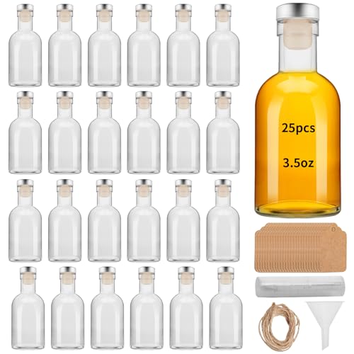 eispap 25 Pcs 3.5OZ Mini Glass Liquor Bottles with Lids Small Glass Wine Bottle Reusable Empty Alcohol Bottles with Aluminum Silver Cap for Christmas Birthday Weddings (100ML 3.5OZ 25PC)