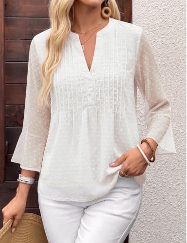 AIMCOO Womens Tops Casual 3/4 Sleeve Women's Blouse Shirts for Women Trendy Summer Business Work Plus Size Dressy Ladies Tops Flowy V Neck Chiffon Shirts White X-Large - image 6