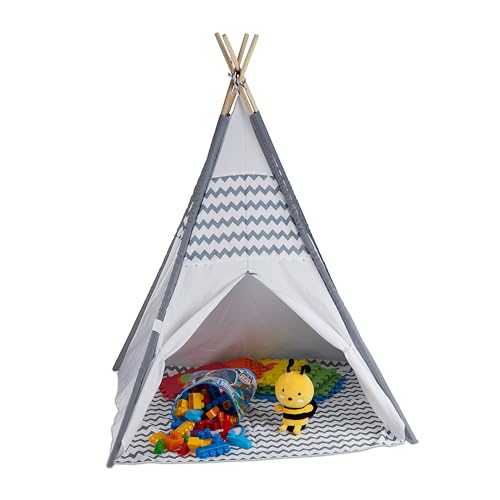 Relaxdays Tipi Enfant, Tente de Jeu intérieur, Wigwam, pour Petits Indiens, H x L x P 150 x 120 x 120 cm, Blanc/Gris