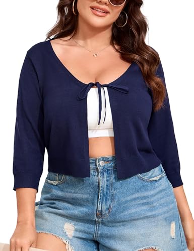 Image of ShopWonder Women's V-Neck Tie Front Shrug 3 /4 Sleeve Rib-Knit Cardigan Sweater Crop Top