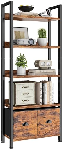 Furologee 5-Tier Bookshelf, Tall Bookcase with 2 Storage Drawers, Adjustable Industrial Display Standing Shelf Units, Wood and Metal Storage Rack for Living Room, Bedroom, Home Office Rustic Brown
