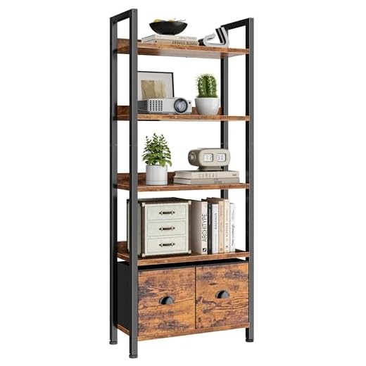 Furologee 5-Tier Bookshelf, Tall Bookcase with 2 Storage Drawers, Industrial Display Standing Shelf Units, Wood and Metal Storage Shelf for Living Room, Bedroom, Home Office, Rustic Brown