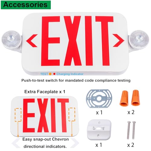 LIT-PaTH LED Combo EXIT Sign with 2 Adjustable Head Lights and Double Face, Back Up Batteries- US Standard Red Letter Emergency Exit Lighting, UL 924 and CEC Qualified, 120-277 Voltage, 2-Pack