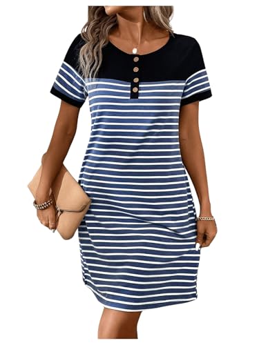 Women's Casual Summer Dresses 2025 Short Sleeve Crewneck Striped Button Front Mini Tshirt Dress with Pockets3