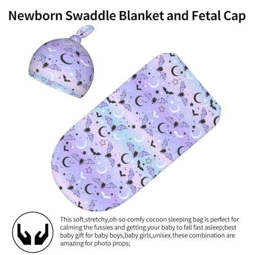 Image of Lcokin Halloween Gothic Swaddle Blanket Hat Set for Boys Girls, Goth Baby Stuff Newborn Receiving Blanket