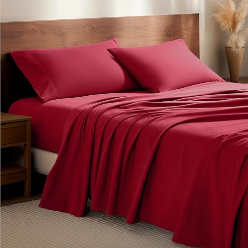 Bare Home Flannel Sheet Set 100% Cotton, Velvety Soft Heavyweight - Double Brushed Flannel - Deep Pocket (Split King, Red)