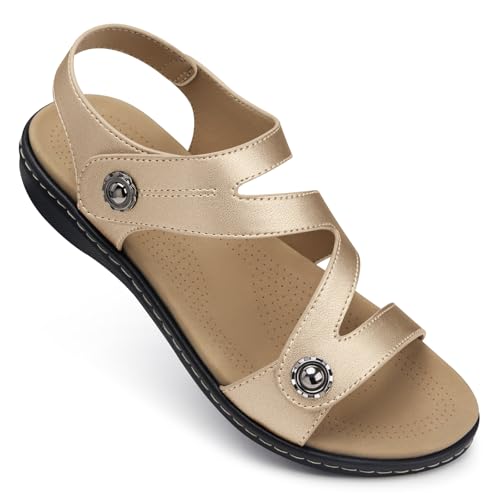 Image of TEMOFON Womens Sandals Dressy Summer: Open Toe Comfortable Walking Flat - Arch Support Flat Sandals Size 5-11