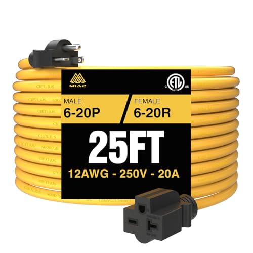 M1A2 NEMA 6-20 Extension Cord 6-20P to 6-20R [Also for 6-15R Adapter] Tesla Mobile EV Level 2 Charging Heavy Duty 220 Volts 20 Amp 25FT ETL Listed
