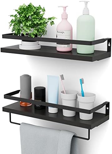 RichFire Floating Shelves Set of 2, Wall Shelves for Bathroom, Kitchen, Bedroom& Living Room, Black Shelves for Wall Décor, Shelves with Towel Bar