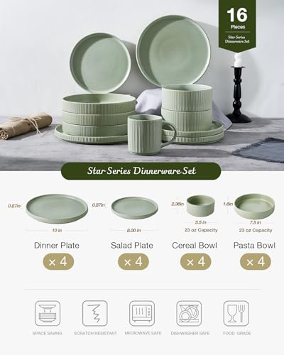 Image of Famiware Star 16-Piece Stoneware Dinnerware Sets for 4 - Shallow Pasta Bowls & Flat Plates, Modern Rustic Reactive Glaze Dishes, Chip & Scratch Resistant, Microwave & Dishwasher Safe, Matte Sage Green