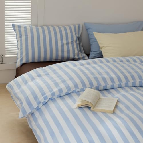 Image of Striped Duvet Cover King Size Blue White Stripes Geometric Bedding Set 3 Pieces Retro Vertical Stripe Soft Lightweight Microfiber Comforter Cover Set with Zipper Closure and 2 Pillowcases