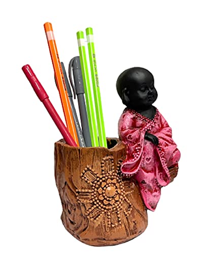 Image of AUGEN Pen Stand Decorative Hand Painted Pink Buddha Design Stationery Holder | Gift Item | Table Top Decor (2048)