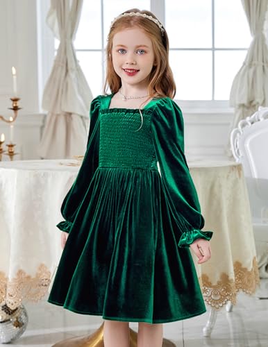 Arshiner BAS006293_EV_130 Little Girls Velvet Dress Toddler Square Neck Puff Long Sleeve Cute Green Christmas Party Dresses 7-8 Y thumb #3