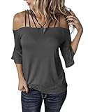 Hilltichu Womens Spaghetti Straps Cold Shoulder Shirts Casual Half Sleeve Tops Charcoal