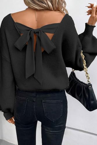 Image of Womens Off Shoulder Bow Back Sweater Sexy Loose Fit Deep V Neck Knit Tops | Backless, Lantern Long Sleeves, Ribbed Knit, Lightweight, Fall Winter Outfit, Party, Halloween, Christmas, New Year's Eve
