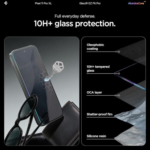 Image of Spigen GlasTR EZ FIT Pro Screen Protector for Pixel 11 Pro XL | Aluminum Enhanced 10H+ tempered glass, GlasTR EZ Fit auto align tray, 100% clarity, Original touch, Case-friendly, 2Pack