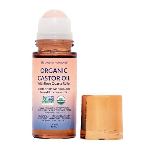 QUEEN OF THE THRONES Organic Golden Castor Oil Roll-On with Rose Quartz | 100% Pure for Skin Brows & Lashes and less mess Castor Oil Packs | Hexane-Free | USDA Certified | Cold-Pressed 1.7oz (50mL)