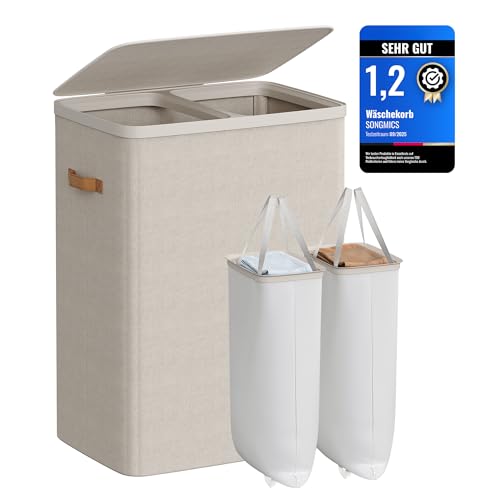 SONGMICS Wäschekorb 170 L Wäschesammler 2 Fächer Wäschesortierer Leichter Aufbau mit Deckel und Griffen herausnehmbarer Wäschesack 56 x 40 x 75 cm cappuccinobeige LCB813L01