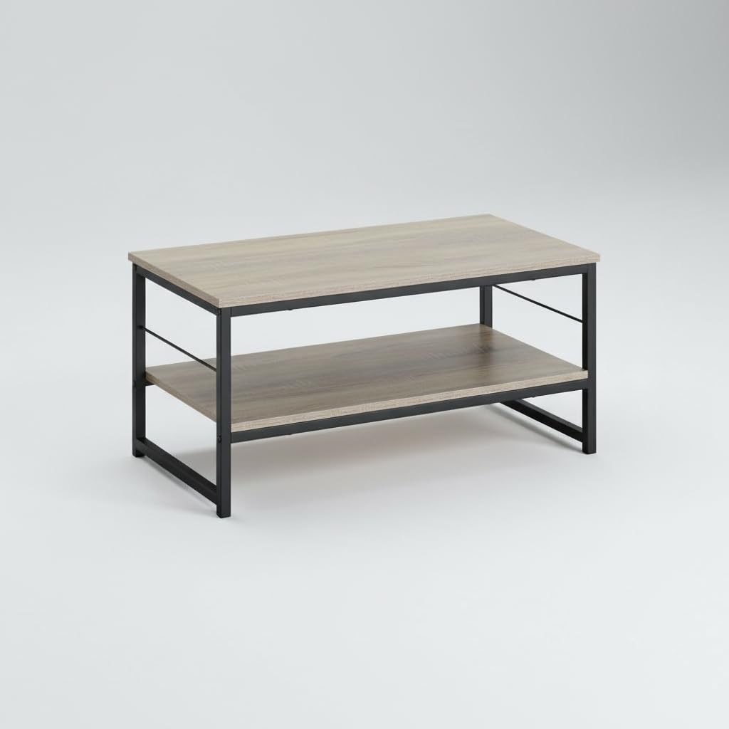 INDE MOBLEKIT | Tavolino rettangolare 80x40x38 cm con 2 ripiani, struttura in metallo nero e piano in legno opaco, tavolino laterale per soggiorno, ripiano basso o tavolino da caffè