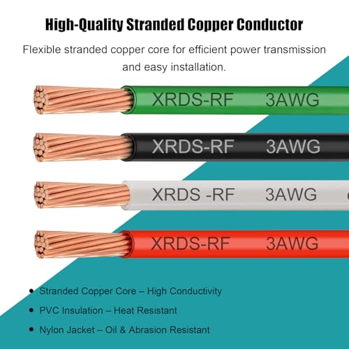 Image of XRDS -RF 3AWG THHN Electrical Wire 10FT - Stranded Bare Copper Conductor with PVC and Nylon Insulation, Heat and Oil Resistant Cable for Indoor & Outdoor Wiring