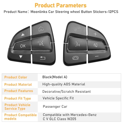 Image of Moonlinks Steering Wheel Button Trim Sticker For Mercede Benz C V GLC Class | For W205 X253 Steering Wheel Button lnner Decoration Cover 12PCS, Black (Model A)
