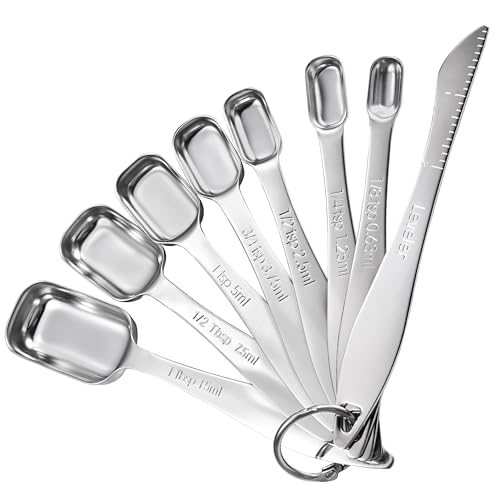 Doosu Metal Measuring Spoons Sets, 18/8 Stainless Steel Kitchen Engraved Measure Scoop Small Measure Teaspoons Tablespoon TSP Tbsp for Serving Baking Cooking Dry and Liquid (Square, Set of 8)