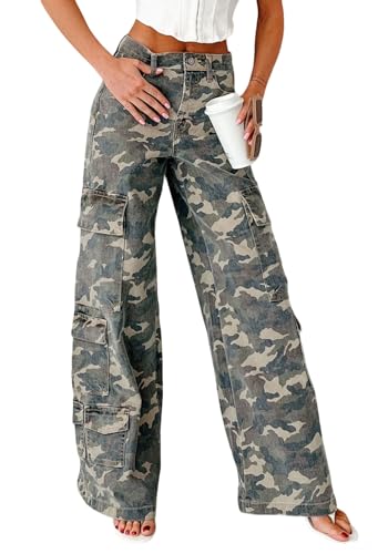 loveimgs Women Casual Camo Print Denim Pants Y2k Wide Leg Cargo Jeans Flare Distressed Camouflage Jeans Sweatpants Pockets (Medium,Camo)