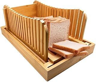 Bamboo Bread Slicer, Foldable Compact Cutting Guide with Crumb Tray, Adjustable Slice Width Bread Slicing Guides with Sturdy Wooden Cutting Board