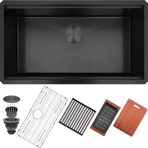 Image of LQS Undermount Kitchen Sink 32 x 18, Large Black Undermount Kitchen Sink, Deep Single Bowl Sinks, Top-Grade 16 Gauage Stainless Steel Nano PVD Material with Round Corner and X-Shape Drain Line