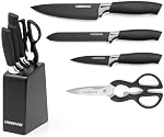 Farberware - Chrome Prep Knife Set with Comfortable Grip and Holder for Kitchen Tabletop (Black, 5 Piece)