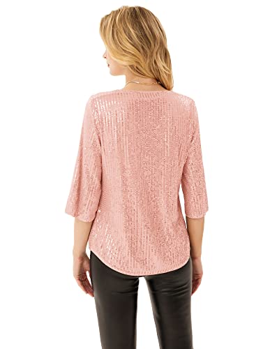 Grace Karin Womens Full Sequin Sparkle Tops Glitter Short Sleeve Party Shirt Rose Gold L #TOP1