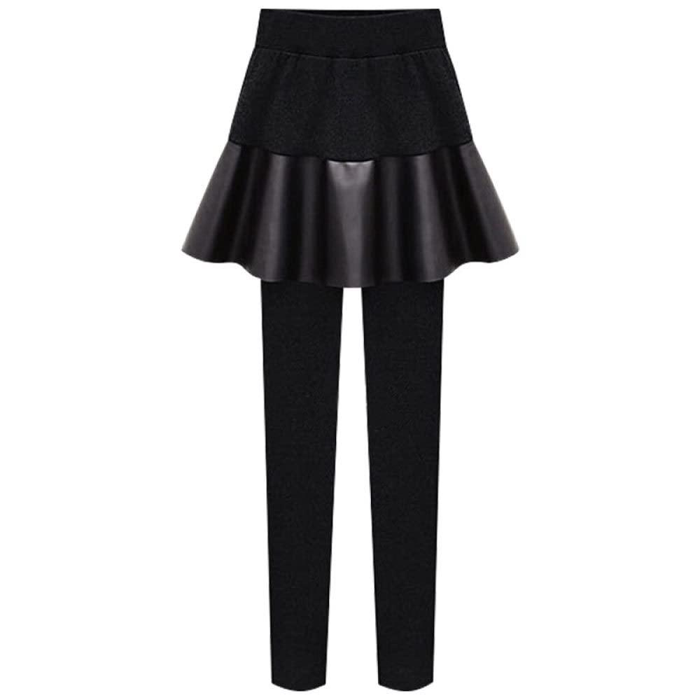 Winter Leggings Damen,Frauen Thermische Leggings Fashion Plus Size Gefälschte Zwei Schwarze Pu-Leder Faltenrock Hoch Taillierte Leggings Dickes Fleece Gefüttert Dehnbare Hose Strumpfhosen Für Den