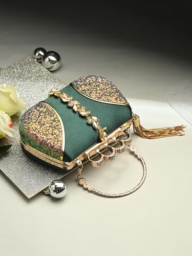 Image of TOOBA Handicraft Pearl Embroidered Clutch Purse For Women with Trendy Design 4-ring Handle & Tassel